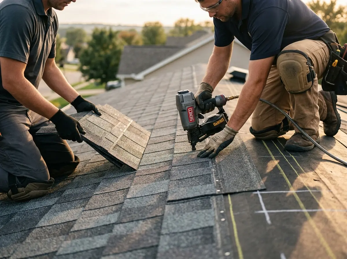 Professional roofer working on a residential roof in Cornelius
